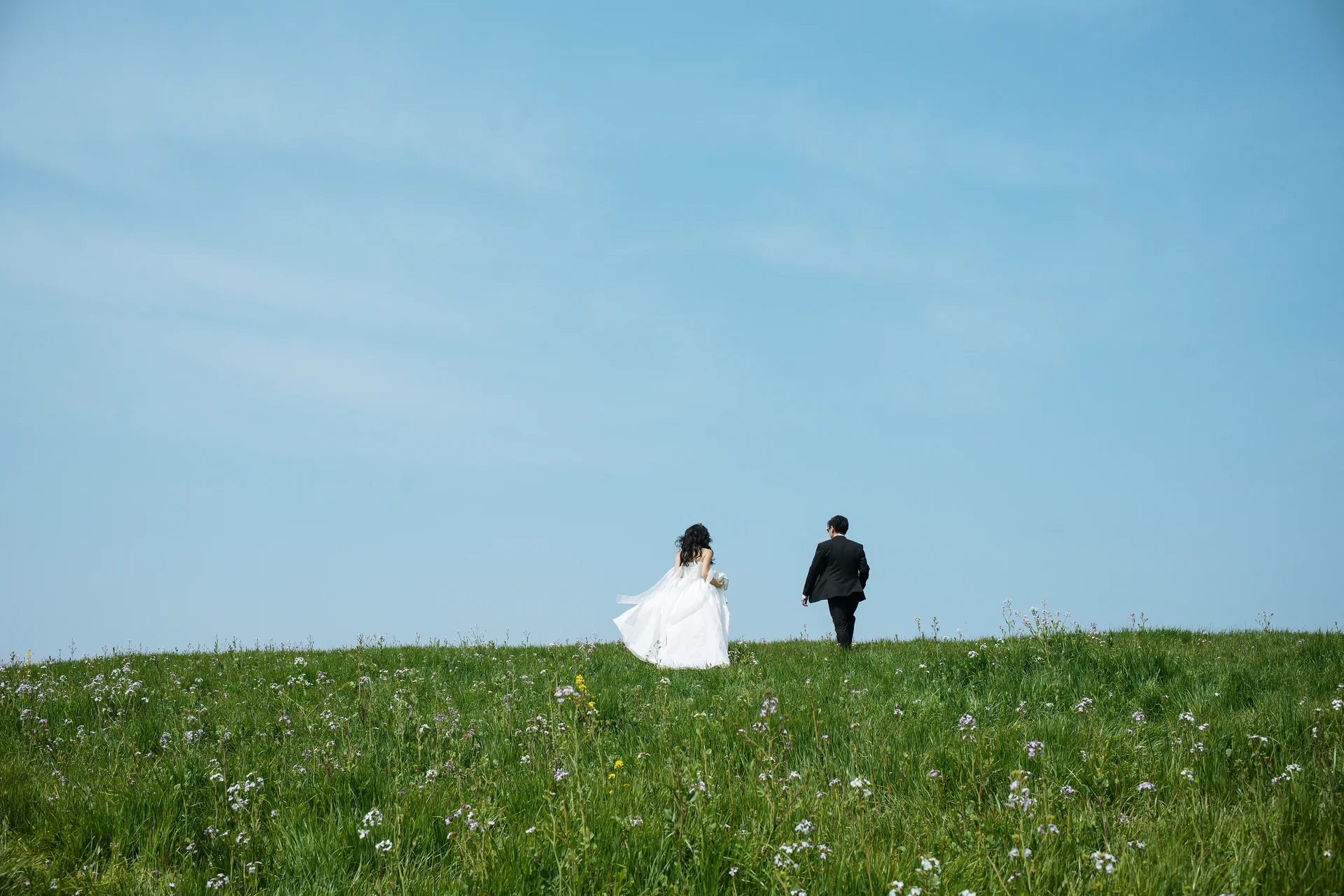 Vũ and Thi in a vast green field